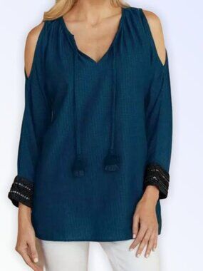 Soft Surroundings Navy Chandra Beaded Cuff Cold Shoulder Tunic Top and Cami
